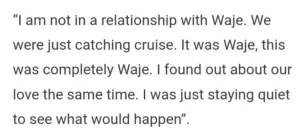 In response to the rumours that he was dating fellow musician Waje, he stated that they were only going on a vacation and were not in a relationship. Observe the image;